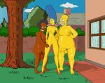 1girl 1girl 2boys apu_nahasapeemapetilon balding black_hair blue_hair breasts chubby dark-skinned_male erect_nipples fat_man flaccid hairy_balls half-erect homer_simpson imminent_sex imsmexyftw interracial large_penis long_foreskin male marge_simpson mature_female milf mustache naked_footwear naked_heels nipples no_pubic_hair nude partially_retracted_foreskin penis_size_difference public_nudity pussy straight the_simpsons threesome uncut yellow_skin