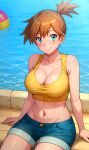  1girl alluring asymmetrical_hair athletic_female big_breasts blue_eyes blush breasts clothing cowboy_shot crop_top denim denim_shorts female_abs female_only fit_female game_freak gen_1_pokemon high_resolution hips kasumi_(pokemon) legs midriff misty misty_(pokemon) nintendo nipples orange_hair pokemon pokemon_(anime) pokemon_(classic_anime) pokemon_rgby ponytail shirt short_hair short_shorts shorts side_ponytail sleeveless sleeveless_shirt spiky_hair swimming_pool tank_top thighs tied_hair wide_hips yellow_shirt zengai 