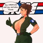  alison_r_hart_burnett big_breasts breasts brown_hair cleavage commission commissioner_upload g.i._joe gloves hand_on_hip lady_jaye logo looking_at_viewer military_uniform open_shirt pranky speech_bubble thumbs_up white_background 