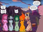 adventure_time arm_cuffs arms_behind_back barefoot bondage breasts captured cartoon_network chain_gang collar female femsub fionna_the_human flame_princess gag gmil huntress_wizard marceline multiple_girls multiple_subs princess_bubblegum stripped_naked tied_up uncle_gumbald