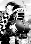 1boy 1girl big_breasts big_penis black_and_white black_clothing blush breast_grab breast_play breasts clothed_female cum cum_on_body cum_on_breasts cum_on_face demon_slayer high_res kakushi_(kimetsu_no_yaiba) kamado_tanjirou kimetsu_no_yaiba male male/female mask mature mature_female nesz nipple_bulge nipple_play open_mouth paizuri pants_down pleasure_face pleasured teen