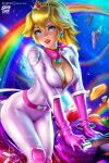 1girl 1girl 1girl alluring belt biker_clothes bikesuit blonde_hair blue_eyes bodysuit breasts cleavage crown earrings female_only gloves high_res jewelry logan_cure looking_at_viewer mario_(series) motorcycle nintendo outside ponytail princess_peach rainbow rainbow_road scarf skin_tight super_mario_bros. super_mario_bros._(2023_film) the_super_mario_bros._movie the_super_mario_bros_movie tight_clothing unzipped unzipped_bodysuit