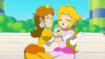  blonde_hair brown_hair kissing magical_sleepover_u nintendo princess_daisy princess_peach 