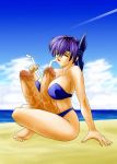 ayane ayane_(doa) beach bikini breasts censored dead_or_alive extra_penises futanari hair intersex multi_penis multiple_penises object_insertion penis purple_hair short_hair straw swimsuit tecmo urethral_insertion