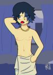 1boy artist_name blue_background blue_eyes blue_hair boy male male_only self_upload smgbullet towel towel_around_waist towel_only yaoi