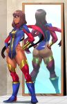  1girl ashmount ass ass_focus bangle big_ass boots brown-skinned_female brown_body brown_eyes brown_hair brown_skin costume dark-skinned_female dark_skin exposed_ass female_only human human_only kamala_khan long_hair marvel marvel&#039;s_avengers_(game) marvel_comics mask mirror mirror_reflection modified_costume ms._marvel muslim muslim_female redesign reflection scarf smile smiling smiling_at_viewer solo_female straight_hair superhero_costume superheroine thick_ass thick_thighs thighs zukupow 