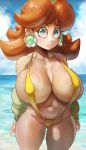 1girl areola areola_slip artist_name beach big_breasts bikini bikini_tan blue_eyes breasts brown_hair cleavage clothed clothing day ear_piercing earrings flower_earrings freckles freckles_on_body freckles_on_breasts freckles_on_face huge_breasts looking_at_viewer mario_(series) medium_hair nintendo noblood ocean outside piercing portrait princess_daisy sea shoulder_length_hair sky sling_bikini smile standing sunlight super_mario_bros. swimwear tan thick_thighs thighs three-quarter_portrait water