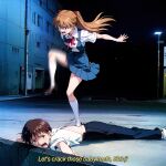 1boy 1girl abuse alley angry asuka_langley_souryuu attack back_cutout blood blood_from_mouth blue_eyes blue_skirt brown_eyes brown_hair bullying city crying crying_with_eyes_open evangelion:_1.0_you_are_(not)_alone evangelion:_2.0_you_can_(not)_advance evangelion:_3.0+1.0_thrice_upon_a_time evangelion:_3.0_you_can_(not)_redo femdom full_body hand_up ikari_shinji kneehighs leg_lift legs lying_on_ground lying_on_stomach neon_genesis_evangelion night orange_hair pants ponytail raised_arm red_hair red_ribbon ribbon ryona sadism school_uniform scratches shinji_ikari stain stomping sweatdrop tearing_clothes tearing_up tears tsundere violence white_kneehighs white_shirt