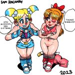 2_girls black_hair blossom_(ppg) bottomless bubbles_(ppg) cartoon_network orange_hair panties powerpuff_girls pussy samyueru thong