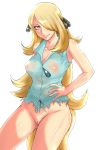 1girl :p blonde_hair blue_eyes bottomless breasts cleavage creatures_(company) cynthia_(pokemon) game_freak hair_ornament hair_over_one_eye highres huge_breasts humans_of_pokemon large_breasts long_hair nintendo nipples no_panties pokemon pokemon_(anime) pokemon_black_2_&_white_2 pokemon_black_and_white pokemon_bw pokemon_bw2 pokemon_diamond_pearl_&_platinum pokemon_dppt pussy satoshi_(pokemon) see-through shaved_pussy shirona_(pokemon) smile tongue tongue_out torn_clothes turizao very_long_hair white_background