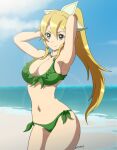 1girl alluring arms_behind_head artist_name beach big_breasts bikini blonde_hair breasts cleavage confident elf female_only front-tie_bikini_top front-tie_top green_bikini high_res leafa legs long_hair ocean pointy_ears ponytail pose posing sensual smile swimsuit sword_art_online thighs voluptuous water