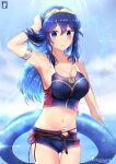 1girl 1girl alluring alternate_breast_size arm_up big_breasts blue_eyes blue_hair blush breasts chinchongcha cleavage closed_mouth fire_emblem fire_emblem_awakening fire_emblem_cipher high_res innertube long_hair looking_at_viewer lucina lucina_(fire_emblem) navel nintendo smile swimsuit tiara