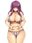 1girl bare_shoulders breasts chubby cleavage crescent crescent_hair_ornament female hair_ornament hairclip kuimono large_breasts long_hair navel patchouli_knowledge plump purple_eyes purple_hair simple_background solo sweat thick_thighs thighs touhou vertical_stripes weight_conscious white_background