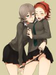 2girls blue_eyes breast_grab breasts brown_hair closed_eyes female grabbing hair hairband incest multiple_girls necktie original panties panty_pull red_hair school_uniform short_hair siblings sine sisters skirt skirt_lift twincest twins underwear yuri