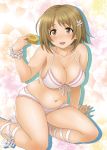 1girl arm_support baumkuchen belly bikini breasts brown_eyes brown_hair cleavage doughnut female flower food hair_flower hair_ornament hida_tatsuo idolmaster idolmaster_cinderella_girls large_breasts mimura_kanako navel open_mouth plump sandals short_hair smile solo swimsuit