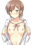  1girl blush breasts brown_eyes brown_hair female hair_ornament hairclip kami_nomi_zo_shiru_sekai kanden_suki kosaka_chihiro looking_at_viewer neko_no_tsuno nipples no_bra open_clothes open_shirt ribbon school_uniform shirt short_hair simple_background solo sweat sweatdrop white_background 