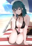 1girl adjusting_hair alluring alternate_costume bare_arms bare_midriff bare_shoulders bare_thighs beach big_breasts bikini black_bikini black_swimsuit breasts byleth_(fire_emblem) byleth_(fire_emblem)_(female) byleth_(summer)_(fire_emblem)_(female) cleavage egatyan1410 female_only fire_emblem fire_emblem:_three_houses fire_emblem_heroes grin happy human human_only light-skinned_female light_skin lipstick looking_at_viewer medium_hair nintendo ocean on_knees outside pov pov_eye_contact sand sea seaside smile smiling_at_viewer solo_female swimsuit teal_hair umbrella water wholesome