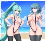  2_girls alluring alternate_costume aqua_hair big_breasts black_swimsuit breasts byleth_(fire_emblem) byleth_(fire_emblem)_(female) cleavage crossover female_only fire_emblem fire_emblem:_three_houses green_eyes green_hair nintendo patdarux pneuma_(xenoblade) sling_bikini slingshot_swimsuit teal_eyes teal_hair xenoblade_(series) xenoblade_chronicles_2 