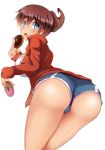 1girl asahina_aoi asahina_aoi_(dangan-ronpa) ass blue_eyes blush breasts brown_hair dangan_ronpa danganronpa danganronpa_1 dark_skin doughnut eating female food from_behind grzjkbhgf large_breasts leaning_forward looking_back open_mouth ponytail short_shorts shorts solo stealthbird suteba_(grzjkbhgf) track_jacket wedgie