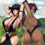 2_girls arcsinge black_eyes black_legwear bleach dat_ass looking_back ponytail purple_hair shihouin_yoruichi soifon soifon_(bleach) take_your_pick yellow_eyes yoruichi_shihouin