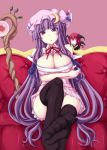  2girls black_legwear breast_hold breasts chibi cleavage feet female jema koakuma large_breasts long_hair minigirl multiple_girls patchouli_knowledge purple_eyes purple_hair sitting staff thighhighs touhou very_long_hair 