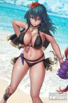 1girl alluring artist_name beach big_breasts bikini black_bikini black_swimsuit blue_eyes breasts byleth_(fire_emblem) byleth_(fire_emblem)_(female) byleth_(summer)_(fire_emblem)_(female) cleavage cloud day female_focus female_only fire_emblem fire_emblem:_three_houses fire_emblem_heroes flower flower_in_hair hair_flower hair_ornament holding hybridmink nintendo outside red_flower sky smile solo_focus swimsuit teal_hair water watermark web_address