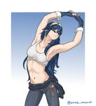 1girl alluring athletic_female azure_monarch blue_eyes blue_hair breasts female_abs fire_emblem fire_emblem_awakening fit_female high_boots lucina nintendo pants sports_bra