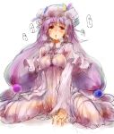 1girl breasts crescent female hat impossible_clothes impossible_clothing long_hair patchouli_knowledge purple_eyes purple_hair saliva see-through sketch solo sweat tears touhou ukyo_rst very_long_hair