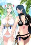  2_girls alluring alternate_costume big_breasts bikini black_bikini black_swimsuit blue_eyes breasts byleth_(fire_emblem) byleth_(fire_emblem)_(female) byleth_(summer)_(fire_emblem)_(female) camel000 capelet cleavage female_only fire_emblem fire_emblem:_three_houses fire_emblem_heroes green_eyes green_hair high_res holding_hands knife long_hair medium_hair multiple_girls nintendo official_alternate_costume outside rhea_(fire_emblem) rhea_(summer)_(fire_emblem) smile swimsuit teal_hair white_bikini white_swimsuit yuri 