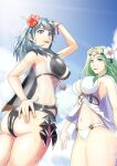  2_girls alluring alternate_costume ass big_breasts bikini_bottom bikini_top black_bikini black_swimsuit blue_eyes byleth_(fire_emblem)_(female) byleth_(summer)_(fire_emblem)_(female) fire_emblem fire_emblem:_three_houses fire_emblem_heroes flower flower_in_hair gzo1206 long_hair nintendo rhea_(fire_emblem) rhea_(summer)_(fire_emblem) swimsuit teal_hair white_bikini white_swimsuit 