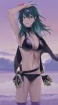  1girl 1girl 1girl absurd_res alluring alternate_costume arm_up bangs big_breasts bikini black_bikini black_cape black_swimsuit blue_eyes blue_hair breasts byleth_(fire_emblem)_(female) byleth_(summer)_(fire_emblem)_(female) cape cleavage closed_mouth cloud collarbone commentary cowboy_shot dagger e5nf8v evening female_only fire_emblem fire_emblem:_three_houses fire_emblem_heroes floating_hair flower hair_between_eyes hair_flower hair_ornament halterneck hibiscus high_res knife long_hair looking_at_viewer midriff navel nintendo ocean official_alternate_costume outside ribbon sheath sheathed sidelocks single_bang standing swimsuit tassel teal_hair wading weapon wet wrist_ribbon 