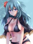 1girl alluring alternate_costume belt big_breasts bikini black_bikini black_swimsuit blue_eyes breasts byleth_(fire_emblem) byleth_(fire_emblem)_(female) byleth_(summer)_(fire_emblem)_(female) cape capelet cleavage dagger fire_emblem fire_emblem:_three_houses fire_emblem_heroes flower flower_in_hair hair_flower hair_flowers hair_ornament halterneck kirishima_riona knife light-skinned_female light_skin lipstick looking_at_viewer medium_hair navel nintendo official_alternate_costume outside red_flower riona_angel simple_background smile swimsuit tassel teal_hair weapon