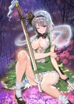 1girl bad_id blue_eyes blush breasts female flower hairband hitodama katana konpaku_youmu konpaku_youmu_(ghost) mary_janes one_eye_closed panties repi987 shoes short_hair silver_hair skirt solo sword torn_clothes touhou underwear weapon white_legwear white_panties wince wink