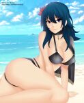 1girl alluring alternate_costume ass beach big_breasts bikini black_bikini black_swimsuit blue_eyes breasts byleth_(fire_emblem) byleth_(fire_emblem)_(female) choker cleavage covered_nipples female_only fire_emblem fire_emblem:_three_houses fire_emblem_heroes flower hair_flower hair_ornament high_res nidavellirstudios nintendo official_alternate_costume red_flower smile swimsuit teal_hair