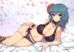  1girl absurd_res alluring alternate_costume bangs bare_shoulders bed_sheet belt big_breasts bikini black_belt black_bikini black_swimsuit blue_eyes blue_nails blush breasts byleth_(fire_emblem) byleth_(fire_emblem)_(female) byleth_(summer)_(fire_emblem)_(female) cleavage collarbone cowboy_shot dagger english_commentary eyebrows_visible_through_hair female_only fire_emblem fire_emblem:_three_houses fire_emblem_heroes floral_background flower glint groin hair_between_eyes hair_flower hair_ornament high_res knife long_hair looking_at_viewer lying midriff nail_polish navel nintendo official_alternate_costume on_bed on_side parted_lips patreon_username pose ribbon sheath sheathed sidelocks skindentation sweat swimsuit teal_hair thighlet virus-g weapon wrist_ribbon 