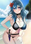 1girl alluring alternate_costume bikini black_bikini black_swimsuit breasts byleth_(female) byleth_(fire_emblem) byleth_(fire_emblem)_(female) female_only fire_emblem fire_emblem:_three_houses fire_emblem_heroes light-skinned_female looking_at_viewer nintendo official_alternate_costume outside pale-skinned_female solo_female swimsuit tara_(szzj7733) teal_eyes teal_hair