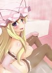 1girl arm_garter bathtub blonde_hair blush breasts elbow_gloves female garters gloves hat huge_breasts lingerie long_hair nude oborozuki panties purple_eyes rougetsu_(eclipse) smile solo thighhighs touhou underwear white_gloves yakumo_yukari