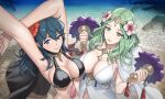  2_girls alluring alternate_costume arm_up bangs big_breasts bikini black_bikini black_swimsuit breasts byleth_(fire_emblem) byleth_(fire_emblem)_(female) byleth_(summer)_(fire_emblem)_(female) capelet cleavage closed_mouth collarbone commentary dual_wielding fingernails fire_emblem fire_emblem:_three_houses fire_emblem_heroes flower green_eyes green_hair hair_flower hair_ornament hibiscus holding lips long_hair looking_at_viewer maze_draws medium_hair multiple_girls nintendo outside parted_lips purple_eyes rhea_(fire_emblem) rhea_(summer)_(fire_emblem) shiny shiny_hair shiny_skin shore signature simple_background smile swimsuit teal_hair upper_body water white_bikini white_swimsuit 