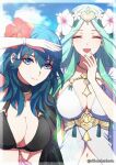  2girls alluring alternate_costume big_breasts bikini black_bikini black_swimsuit blue_eyes blue_sky breasts byleth_(female) byleth_(female)_(fire_emblem) byleth_(female)_(summer)_(fire_emblem) byleth_(fire_emblem) byleth_(fire_emblem)_(female) byleth_(summer)_(fire_emblem)_(female) cleavage closed_eyes closed_mouth cloud commentary_request dfhnokenbutu female_only fingernails fire_emblem fire_emblem:_three_houses fire_emblem_heroes flower forehead green_hair hair_between_eyes hair_flower hair_ornament hibiscus high_res long_hair looking_at_viewer multiple_girls navel nintendo official_alternate_costume open_mouth pink_flower red_flower rhea_(fire_emblem) rhea_(summer)_(fire_emblem) sky smile swimsuit teal_hair twitter_username very_long_hair white_bikini white_swimsuit 