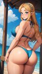 1girl alluring ass_view big_ass bikini blonde_hair blue_bikini blue_eyes elf_ears female_only long_hair looking_at_viewer looking_back nightcore_(artist) nintendo princess_zelda solo_focus the_legend_of_zelda the_legend_of_zelda:_tears_of_the_kingdom zelda_(tears_of_the_kingdom)