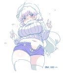 1girl alternate_costume artist_name double_v female lavender_hair letty_whiterock looking_at_viewer midriff mitsumoto_jouji navel panties pink_panties plump red_eyes ribbed_sweater scarf short_hair short_shorts shorts simple_background sketch smile solo sweater thighhighs touhou underwear unzipped v white_background white_legwear white_scarf