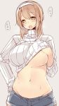  big_breasts blush breasts brown_hair female hand_under_shirt headband hentai lifting_shirt midriff short_hair 