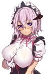 blush breasts bust demon_maid_(houtengeki) female glasses gloves horns houtengeki large_breasts maid maid_headdress original pink_hair pointy_ears purple_eyes purple_hair rimless_glasses short_hair simple_background solo upper_body white_background white_gloves