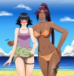 black_eyes black_hair bleach blush brown_skin elec-ant embarrassed ponytail purple_hair remote_control remote_control_vibrator remote_controlled_vibrator shihouin_yoruichi smirk soifon surprised swimsuit tattoo yellow_eyes yoruichi_shihouin yuri