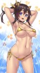 1girl armpits arms_up bare_shoulders belly bikini blue_eyes breasts brown_hair female hair highres horns houtengeki large_breasts long_hair looking_at_viewer micro_bikini midriff mound_of_venus navel oni open_mouth orange_bikini original ponytail shiny shiny_skin side-tie_bikini smile solo strap_gap swimsuit tiger_print twintails underboob yellow_bikini