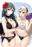 2_girls alluring bare_legs bare_shoulders big_breasts bikini black_bikini black_swimsuit blue_eyes byleth_(fire_emblem)_(female) byleth_(summer)_(fire_emblem)_(female) cleavage corrin_(fire_emblem)_(female) corrin_(summer)_(fire_emblem)_(female) dagger female_only fire_emblem fire_emblem:_three_houses fire_emblem_cipher fire_emblem_fates fire_emblem_heroes flower flower_in_hair hartman_hips knife long_hair looking_at_viewer manakete nintendo open_smile pointy_ears raised_eyebrows red_eyes shell shell_bikini smile sobasakuhin swimsuit teal_hair video_game video_game_character video_games