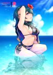  1girl adjusting_hair alluring alternate_costume arm_up bare_legs bikini black_bikini black_swimsuit blue_sky byleth_(female)_(fire_emblem) byleth_(fire_emblem) byleth_(fire_emblem)_(female) byleth_(summer)_(fire_emblem)_(female) cape cloud commentary day fire_emblem fire_emblem:_three_houses fire_emblem_heroes flower hair_flower hair_ornament kneel lips long_hair looking_at_viewer medium_breasts medium_hair mystra77 navel nintendo ocean official_alternate_costume partially_submerged pose red_flower sandals seaside sideboob sky smile solo_female stomach swimsuit teal_eyes teal_hair thighs water 