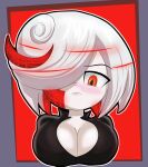 1girl big_breasts black_dress blush cleavage dress embarrassed hair_over_one_eye looking_down red_eyes red_highlights sage_(sonic) sega solo_focus sonic_frontiers two_tone_hair white_hair yelladrill