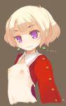 1girl :3 blonde_hair brown_background earrings female flat_chest head_tilt jewelry mota navel nipples no_nose original purple_eyes short_hair simple_background solo