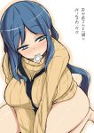 1girl aqua_eyes blue_hair breasts condom condom_in_mouth female gundam gundam_build_fighters heart heart-shaped_pupils iori_rinko large_breasts light_smile looking_at_viewer milf mouth_hold naked_sweater necktie ponytail ribbed_sweater rinko_iori seiza sitting solo sweater symbol-shaped_pupils thighs toudori translated white_background